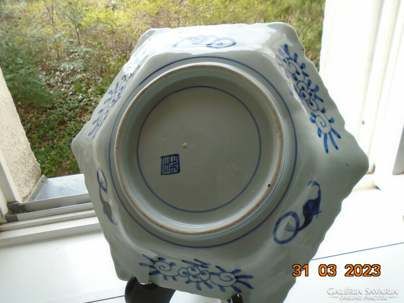 Arita blue and white monumental landscape with strait bridge, hand-painted hexagonal decorative bowl