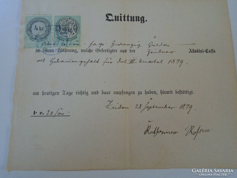 Za427.17 Old document - receipt - quittung - zeiden - black heap - 1879 - 20 frt duty stamps
