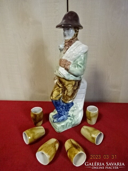 Polish glazed ceramic brandy set, hand painted. The spout is a figure with a hat. Jokai.