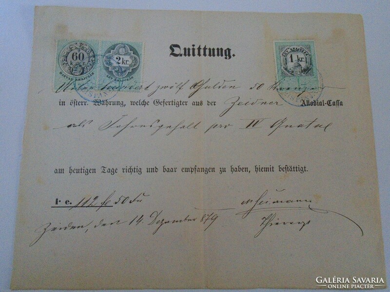 Za427.1 Old document - receipt - quittung - zeiden - black pile - 1879 - 112 frt 50 kr. Duty stamps