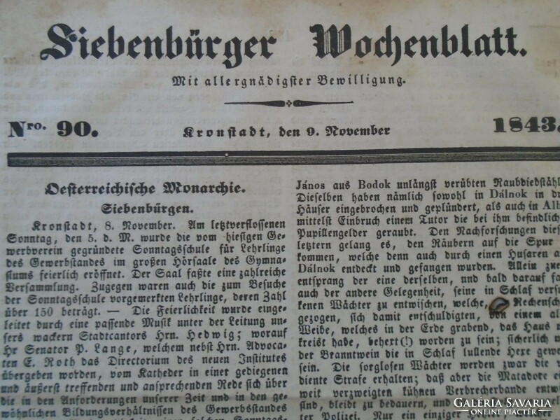 ZA430.7 Erdélyi Hetilap -Siebenbürger Wochenblatt -Brassó Kronstadt 1843  - 90. szám