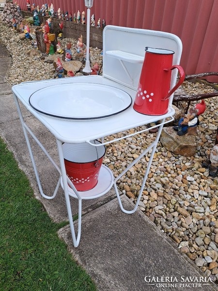 Metal cube basin holder set wash stand enamel basin hand wash village rustic polka dot bucket