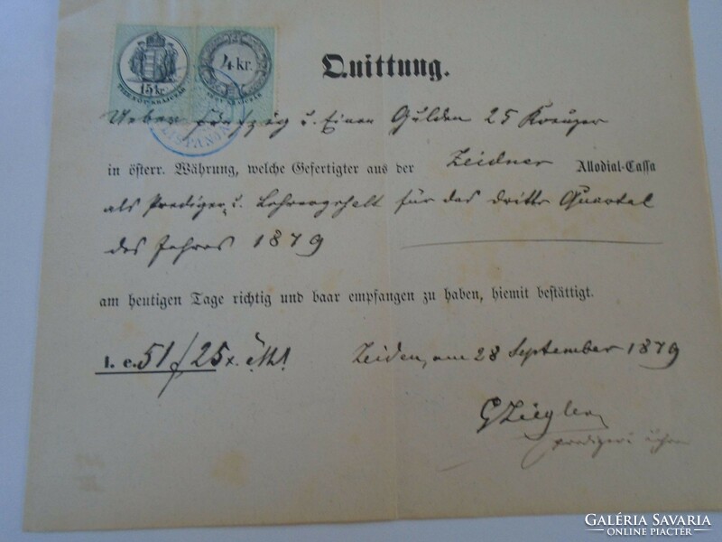 Za427.9 Old document - receipt - quittung - zeiden - black pile - 1879 - 51 frt 25 kr duty stamps