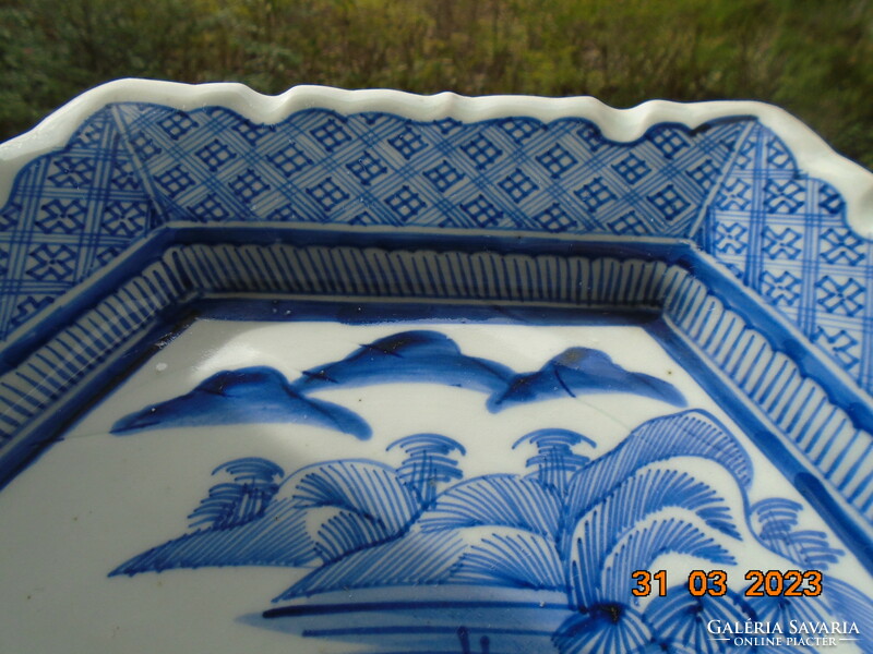 Arita blue and white monumental landscape with strait bridge, hand-painted hexagonal decorative bowl