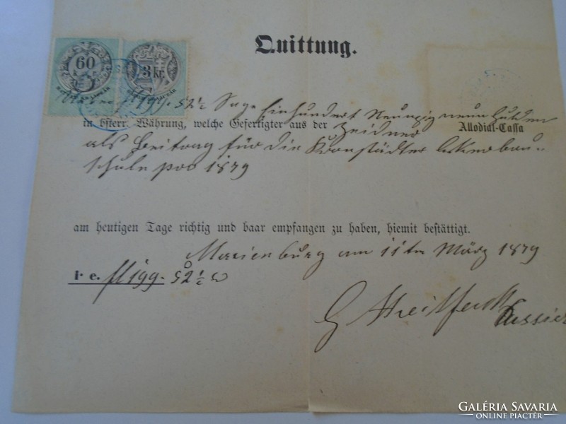 Za427.8 Old document - receipt - quittung - zeiden - black pile - 1879 - 199 frt duty stamps