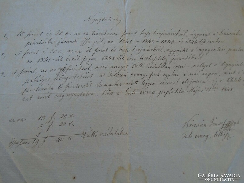 Za425.9 Old document tab - 1848 receipt 19 frt 40 kr. - József Krizsán tabi ev. Pastor