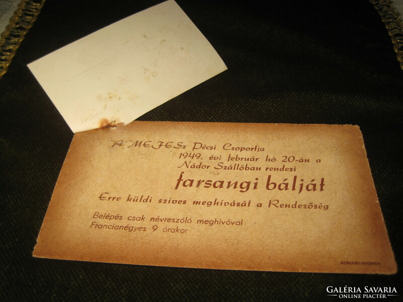 Mefesz carnival ball invitation, ticket of honor to the palatial hotel in Pécs, from the year 1949