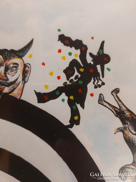 Tettamanti Béla grafika, kézzel színezve, tus, acryl, kb.30x40 cm+paszpartu+keret