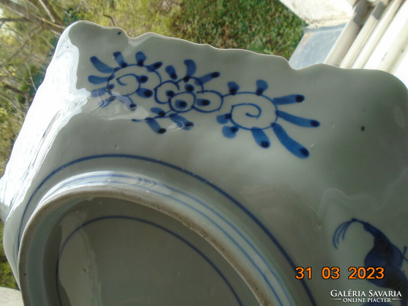 Arita blue and white monumental landscape with strait bridge, hand-painted hexagonal decorative bowl