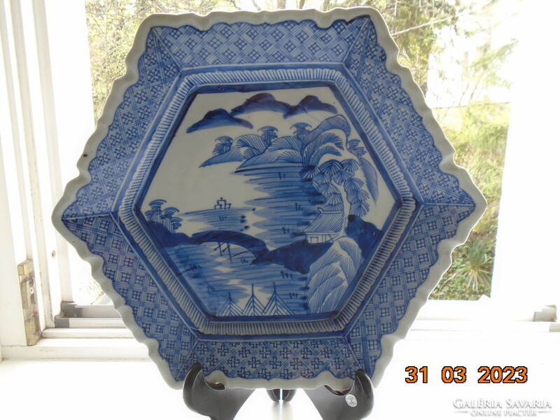 Arita blue and white monumental landscape with strait bridge, hand-painted hexagonal decorative bowl