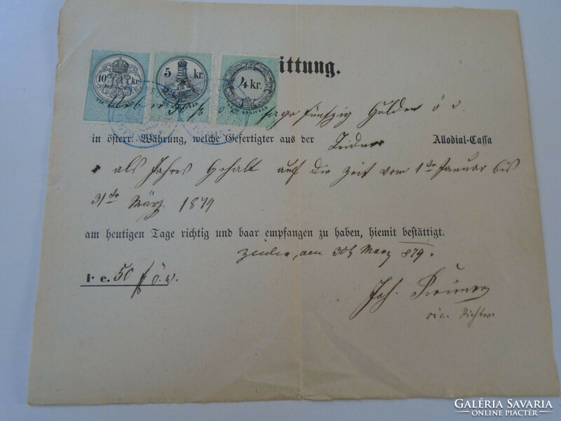 Za427.13 Old document - receipt - quittung - zeiden - black pile - 1879 - 50 frt duty stamps
