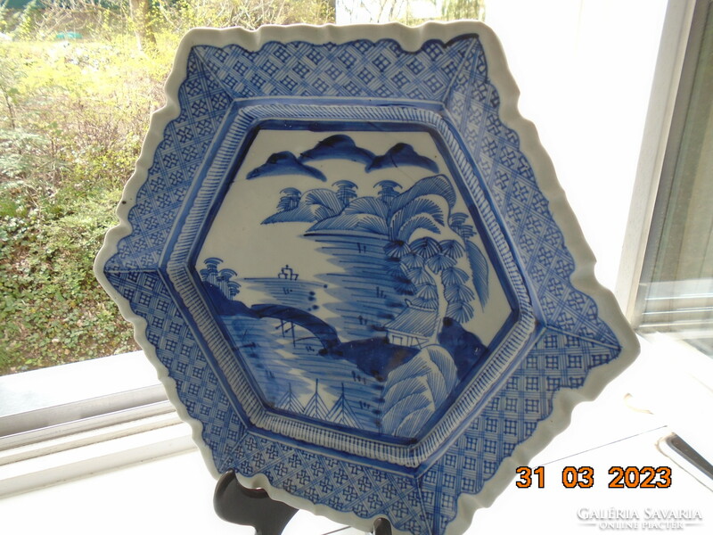 Arita blue and white monumental landscape with strait bridge, hand-painted hexagonal decorative bowl