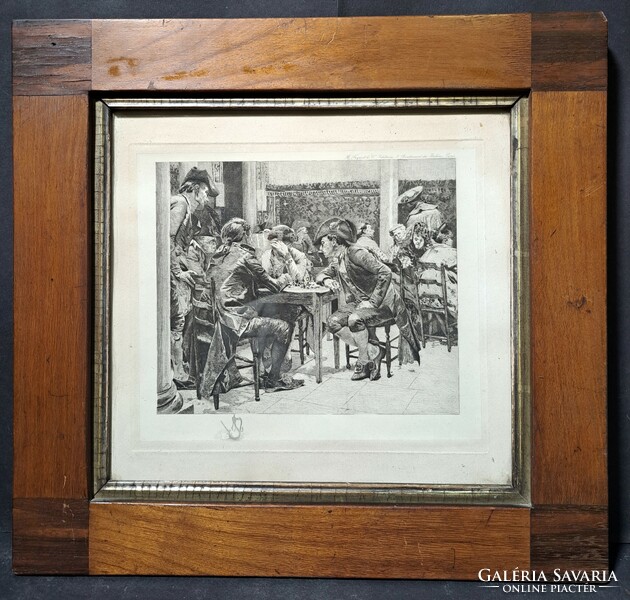 Sakkjátszma - rézkarc José Jimenez Aranda (1837-1903) Sevilla-i művész festménye után - spanyol kép