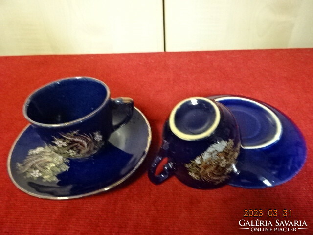German glazed ceramic coffee cup + coaster, cobalt blue, pheasant pattern, two pieces. Jokai.