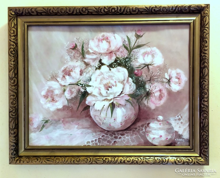 Still life with peonies - in a beautiful, old wooden frame