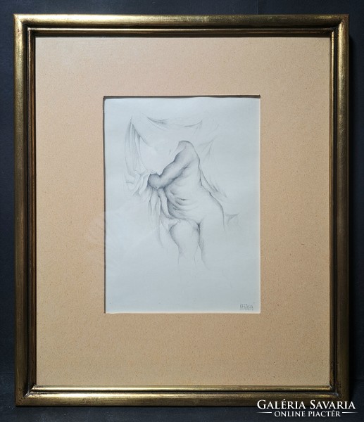 Female nude torso - graphite drawing in a nice frame - marked 