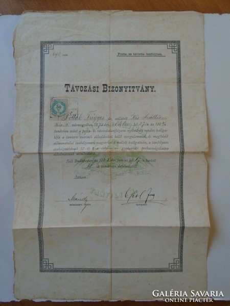 ZA431.1  Régi irat Távozási Bizonyítvány -Posta és távírda tanfolyam Pollák Frigyes Kis-Szállás 1895