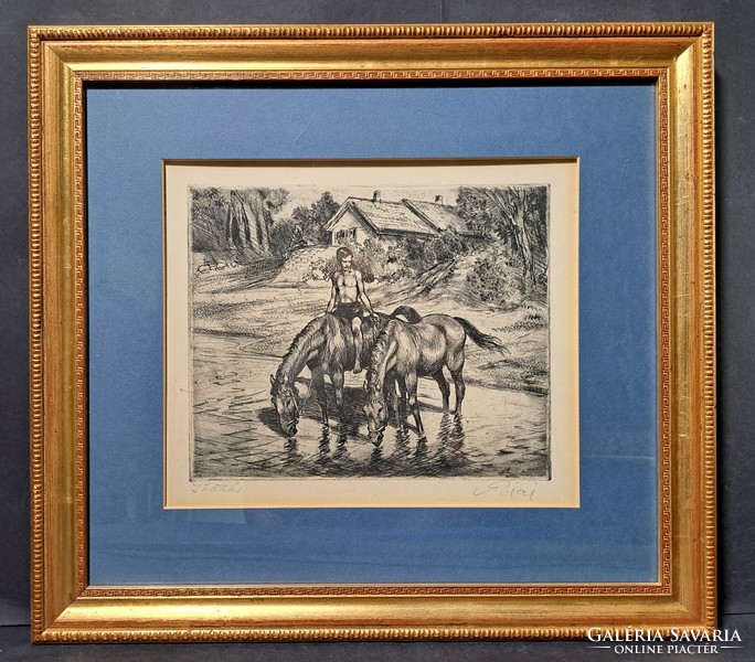 István Biai föglein: watering (etching in a nice frame) horses, animals, peasant life