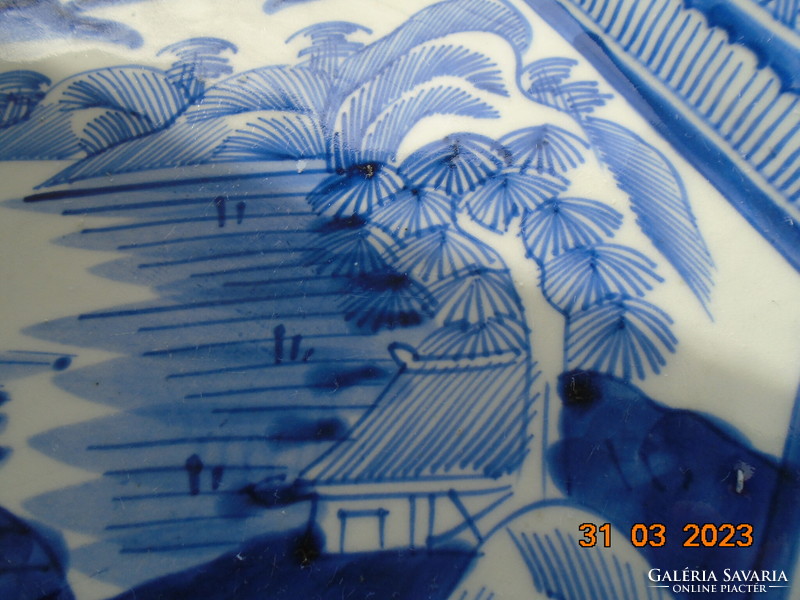 ARITA kék fehér monumentális tájkép tengerszoros híddal, kézzel festett hatszögletes dísztál