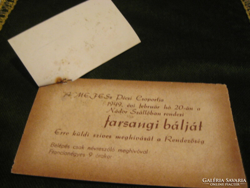 Mefesz carnival ball invitation, ticket of honor to the palatial hotel in Pécs, from the year 1949