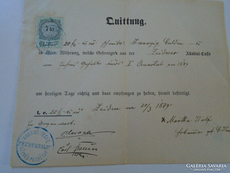 Za427.10 Old document - receipt - quittung - zeiden - black pile - 1879 - 20 frt duty stamps