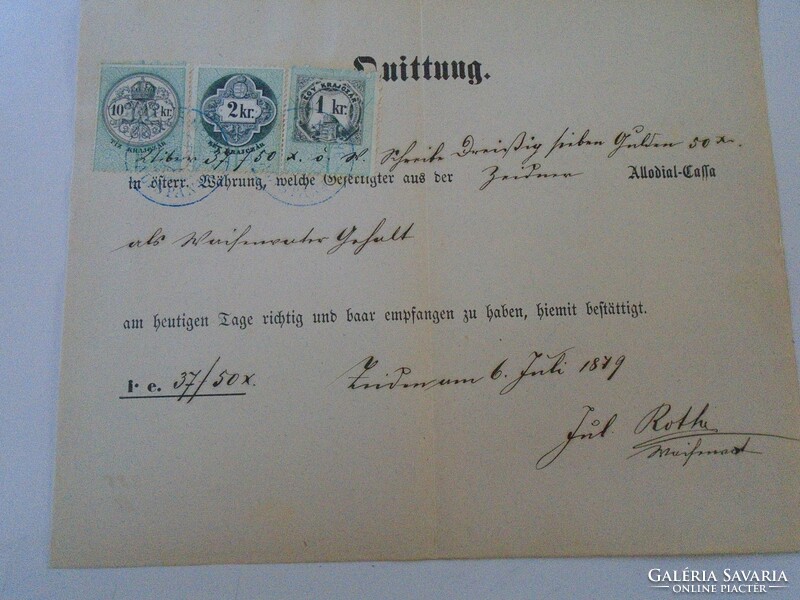 Za427.15 Old document - receipt - quittung - zeiden - black pile - 1879 - 37 frt 50 kr duty stamps