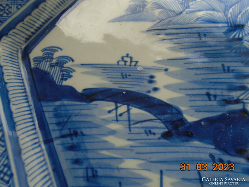 Arita blue and white monumental landscape with strait bridge, hand-painted hexagonal decorative bowl