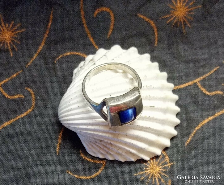 With video! Old decorative blue cat's eye stone silver ring