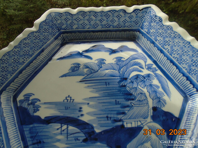 Arita blue and white monumental landscape with strait bridge, hand-painted hexagonal decorative bowl