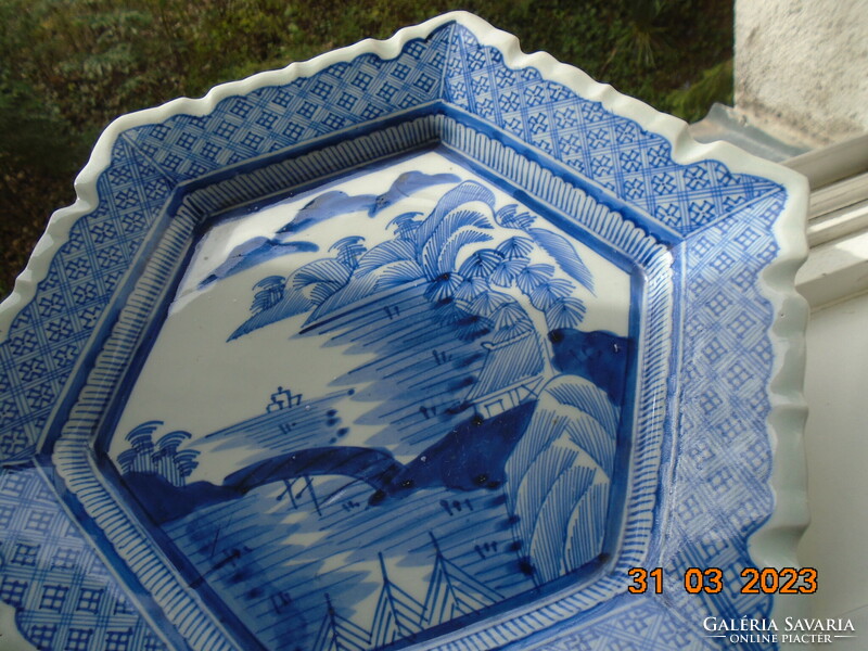 Arita blue and white monumental landscape with strait bridge, hand-painted hexagonal decorative bowl