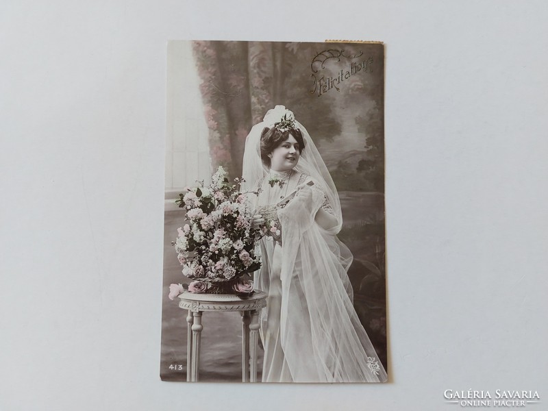 Régi képeslap 1912 esküvői fotó levelezőlap menyasszony