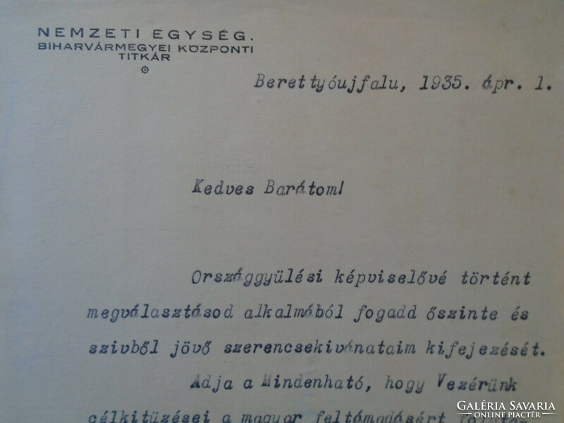ZA433.2 Nemzeti Egység - Bihar vármegyei titkár - Berettyóújfalu - BARCSAY KÁROLY levele 1935