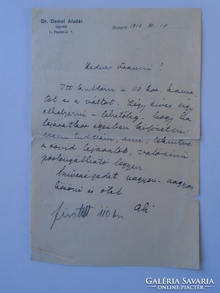Za433.1 Aladár Demel, lawyer (director of the national land credit institution) - handwritten letter 1914