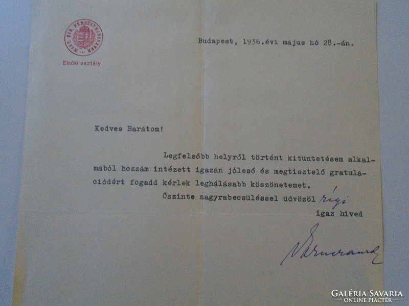 ZA432.13 Magy. Kir. Pénzügyminiszter- Dörner Aurél pm miniszteri tanácsos autográf levele  1936