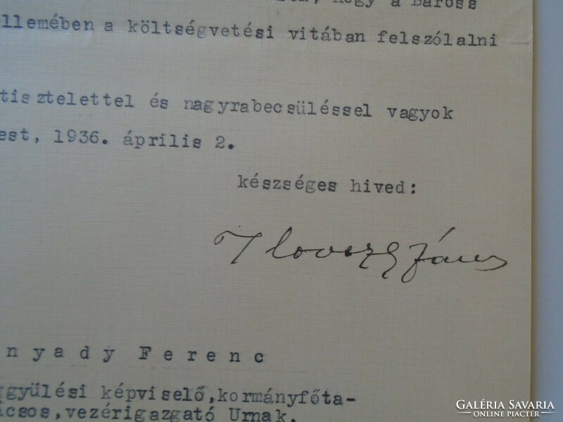 Za432.20 Baross association - autograph letter of thanks from president János ilovszky 1936