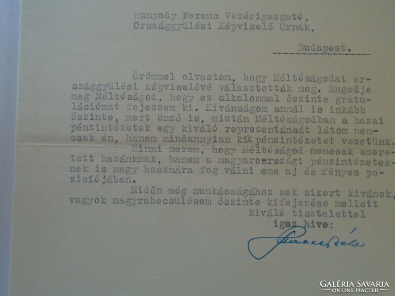 ZA432.10 Dunaföldvár Népbank 1935 -Strasser Béla vezérigazgató autográf levele Hunyady Ferenc o.k. r