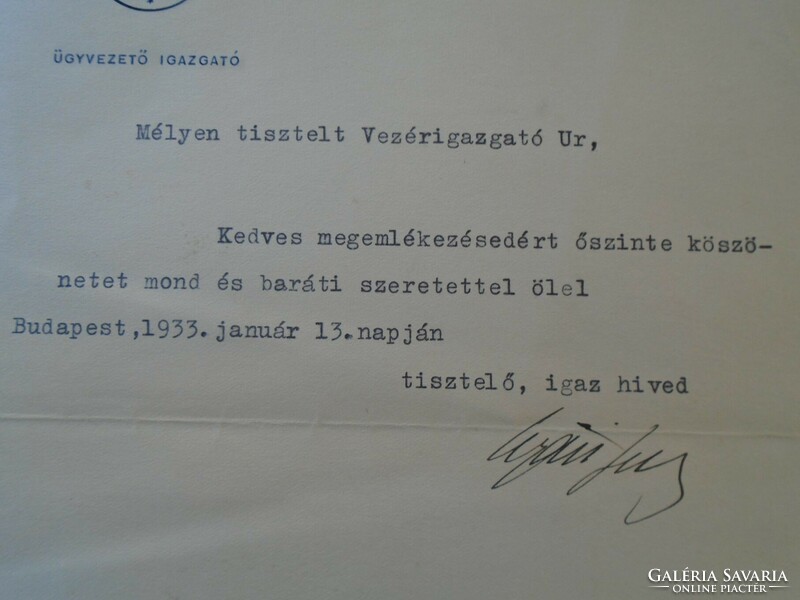 ZA432.18 Nyári Jenő, a Pénzintézeti Központ ügyvezető igazgatójának autográf  köszönő levele 1933
