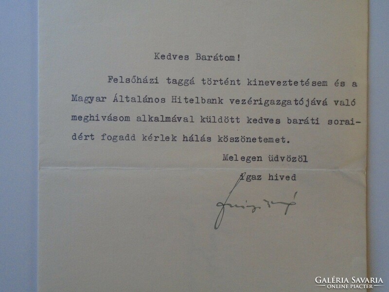 ZA432.14 Fabinyi Tihamér v p.miniszter felsőházi taggá való kinevezése után írt autográf levele 1938