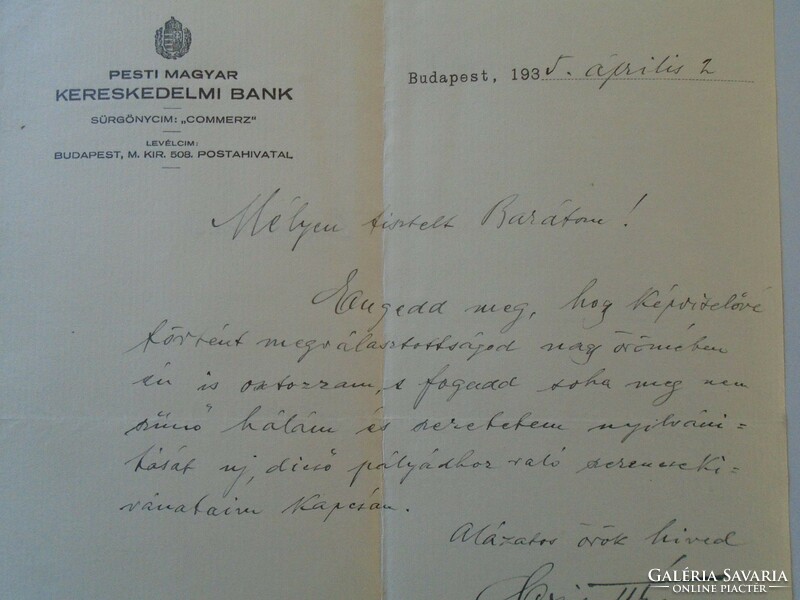 ZA432.9 Pesti Magy. Ker.BANK Czipott Géza levele Hunyady Ferenc országgyűlési képviselő számára 1935