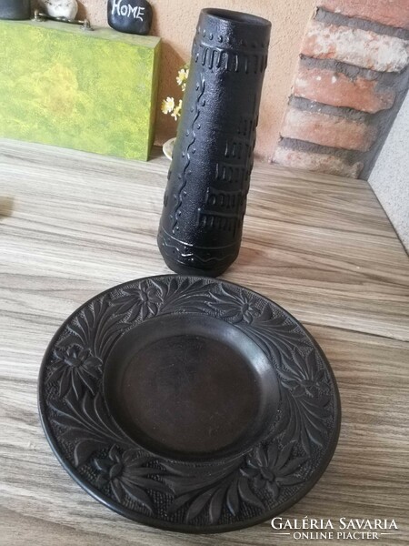Marked large black ceramics-vase-wall plate