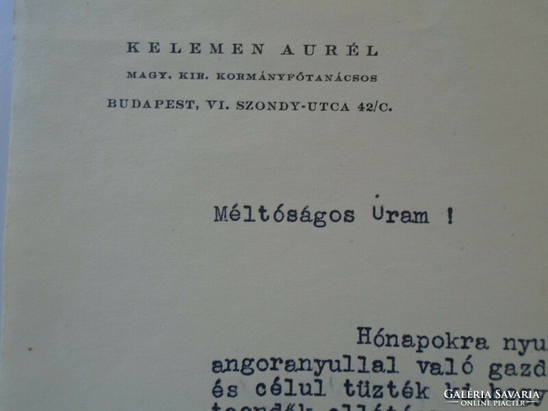 ZA432.25 Kelemen Aurél kormányfőtanácsos -angora nyúl tenyésztéssel kapcsolatos levél 1938