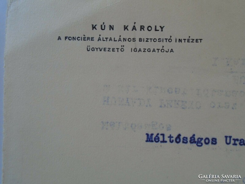 ZA432.21 Fonciere Biztosító Budapest -  Kún Károly igazgató levele  autográf aláírással 1937