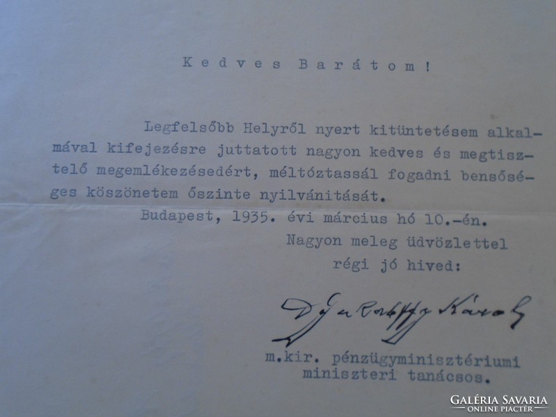 ZA432.17   Jakabffy Károly pénzügyminisztériumi miniszteri osztálytanácsos köszönő levele 1935
