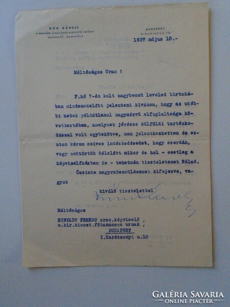 Za432.21 Fonciere insurance Budapest - letter from the director Károly Kún with autograph signature 1937