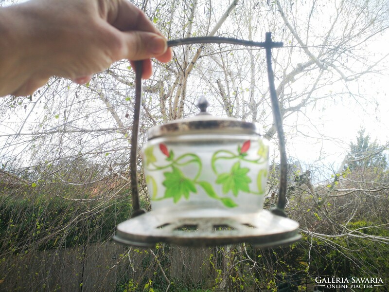 Antique art nouveau art deco table center offering bonbonier sugar box with hand-painted glass