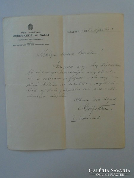 Za432.9 Magyar from Pest. Letter from Ker.Bank zipott geza for parliamentarian Ferenc Hunyady, 1935