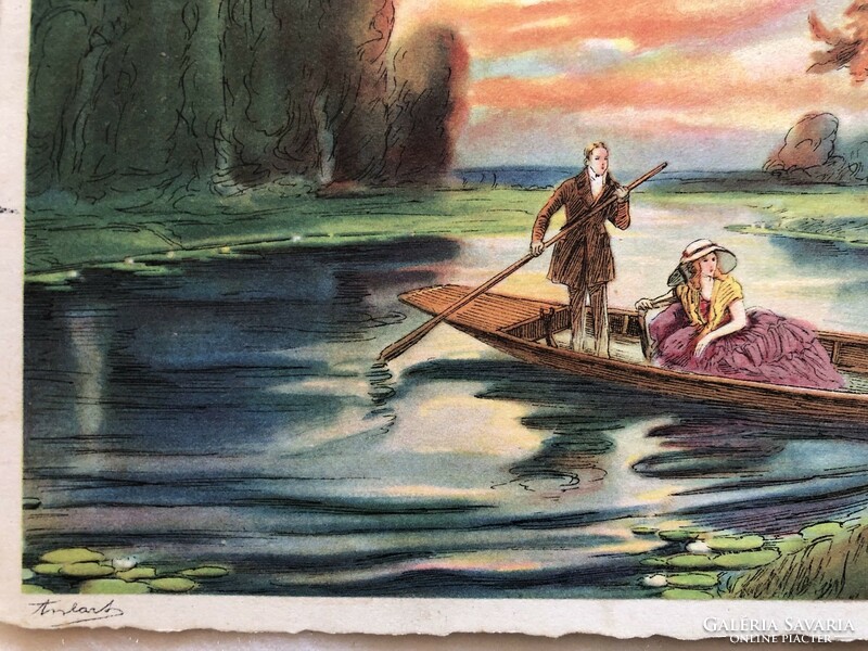 Antik rajzos, színezett romantikus képeslap  - 1928                        -3.