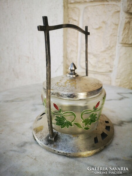 Antique art nouveau art deco table center offering bonbonier sugar box with hand-painted glass