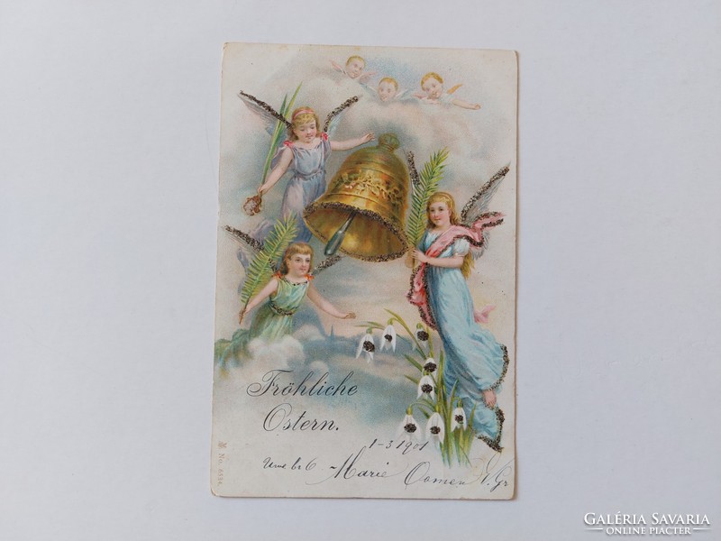 Régi húsvéti képeslap 1901 levelezőlap angyalok hóvirág harang