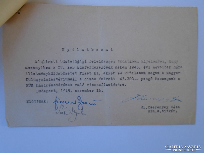 Za432.7 Dr. Géza Cserenyey, Assistant Secretary to the Minister of Foreign Affairs 1945 - signed receipt and statement